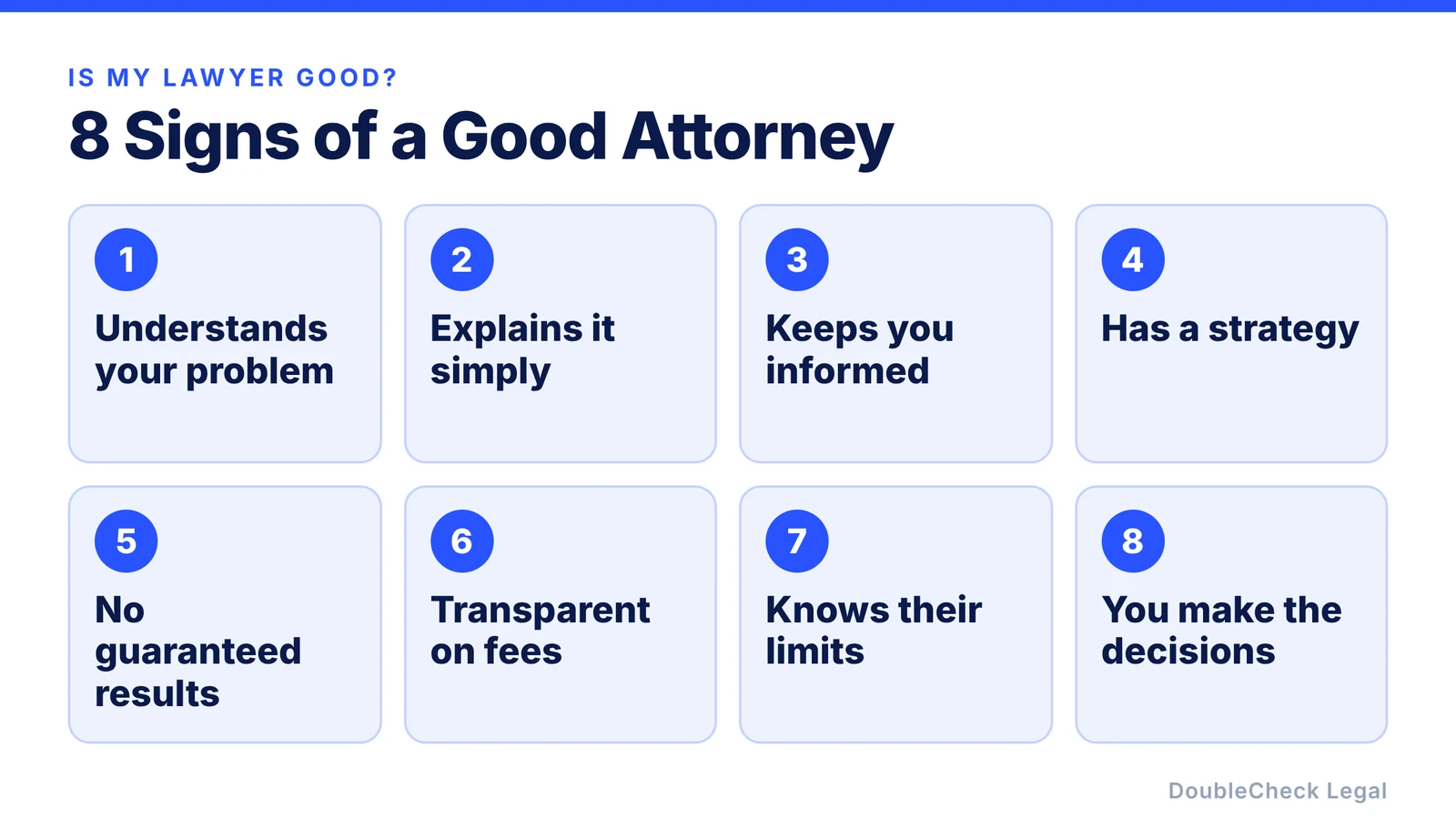 Eight signs of a good attorney: understands your problem, explains it simply, keeps you informed, has a strategy, does not guarantee results, is transparent on fees, knows their limits, and lets you make the decisions