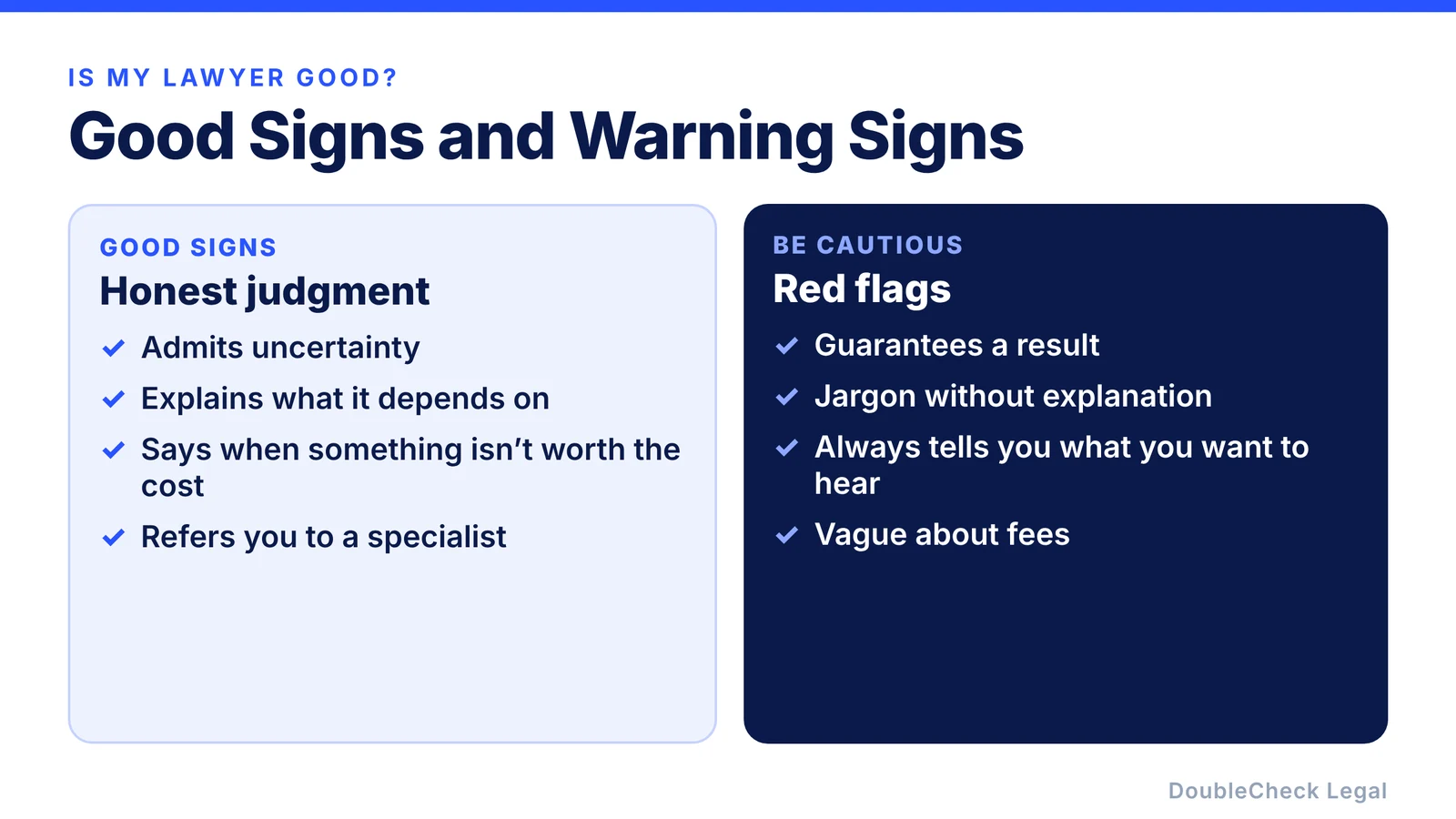 Good signs from a lawyer: admits uncertainty, explains what it depends on, says when something is not worth the cost, and refers you to a specialist; red flags: guarantees a result, jargon without explanation, always tells you what you want to hear, and vague about fees