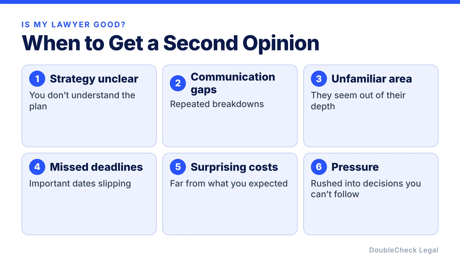 When to get a second opinion: the strategy is unclear, communication has broken down, the lawyer seems unfamiliar with the area, deadlines are missed, costs are far from what you expected, or you feel pressured into decisions you do not understand