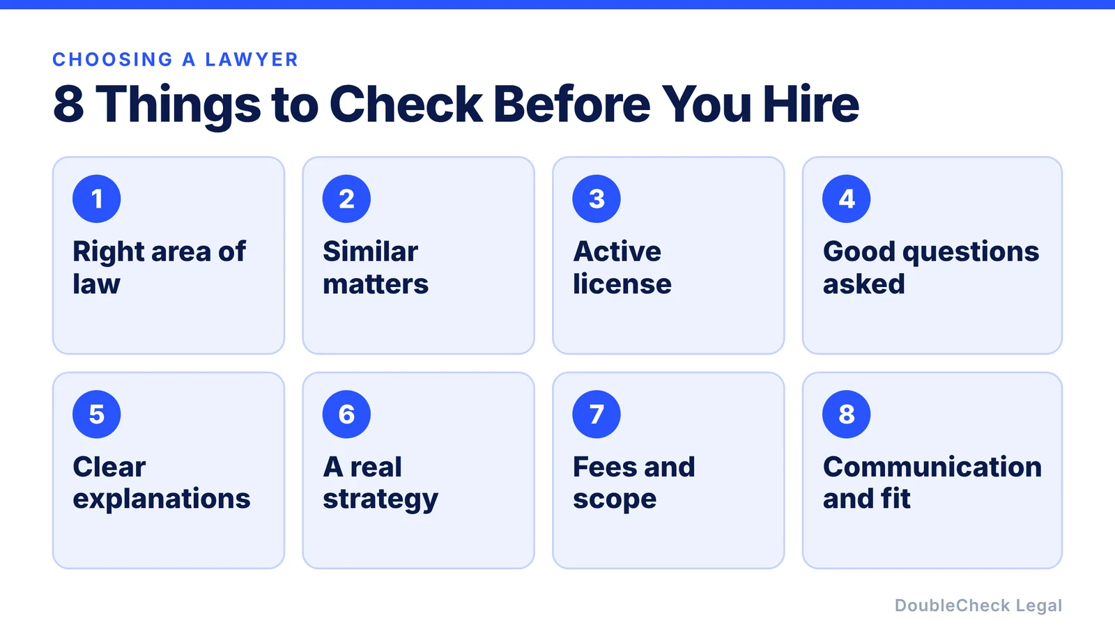 Eight things to check before hiring a lawyer: right area of law, similar matters, active license, good questions asked, clear explanations, a real strategy, fees and scope, and communication and fit