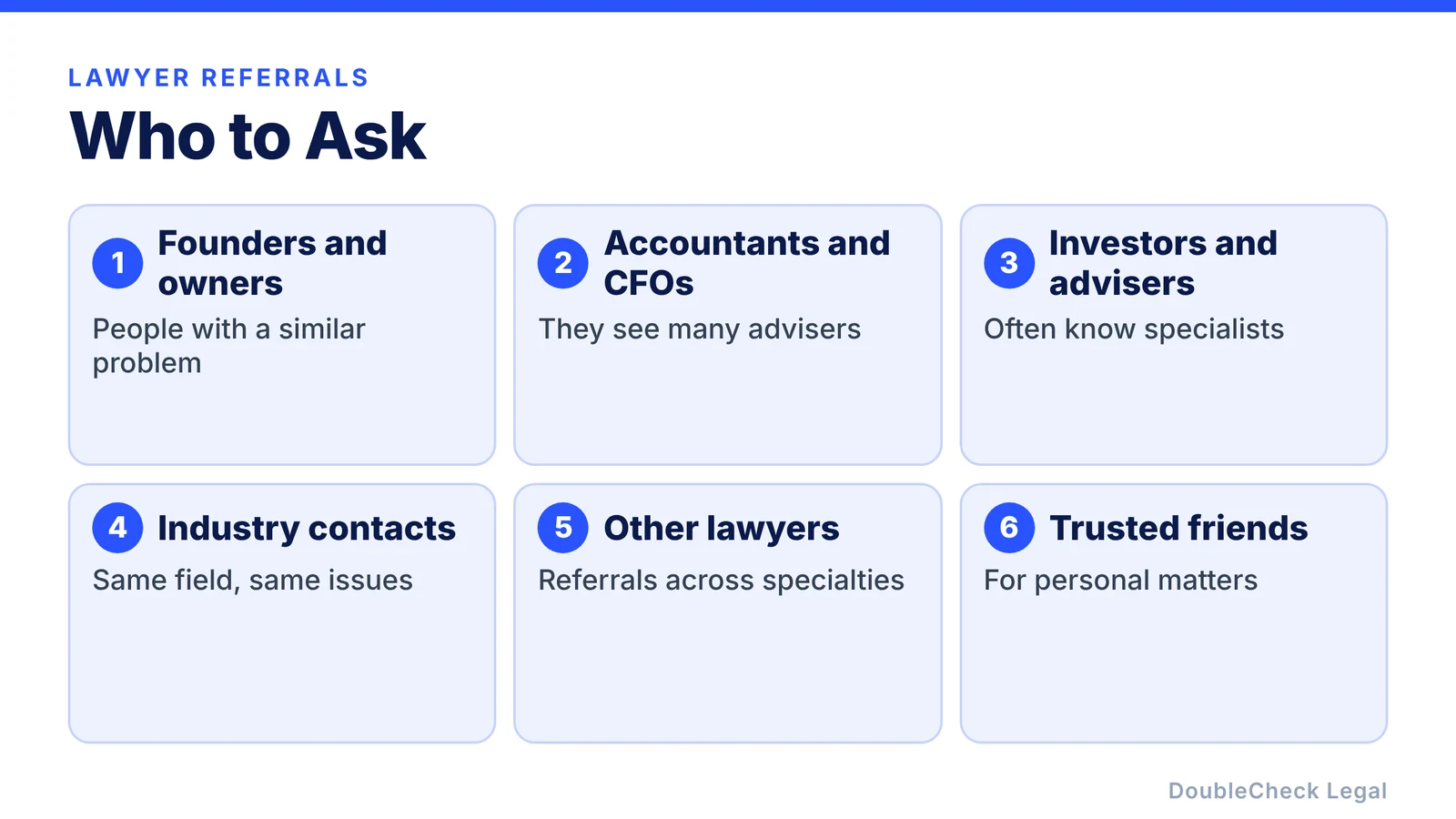Who to ask for a lawyer referral: founders and owners, accountants and CFOs, investors and advisers, industry contacts, other lawyers, and trusted friends